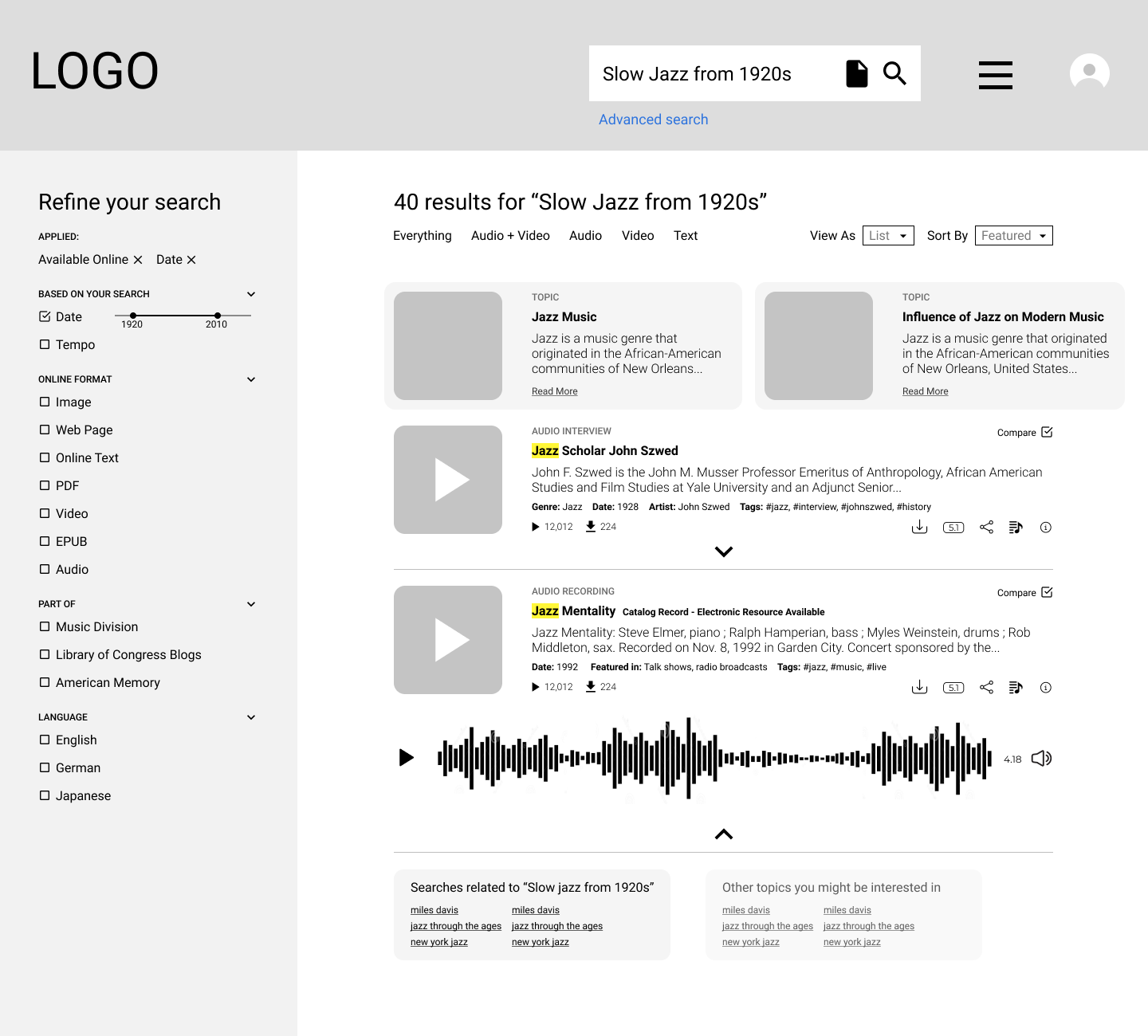 Lo-Fi Wireframe of Search Results page